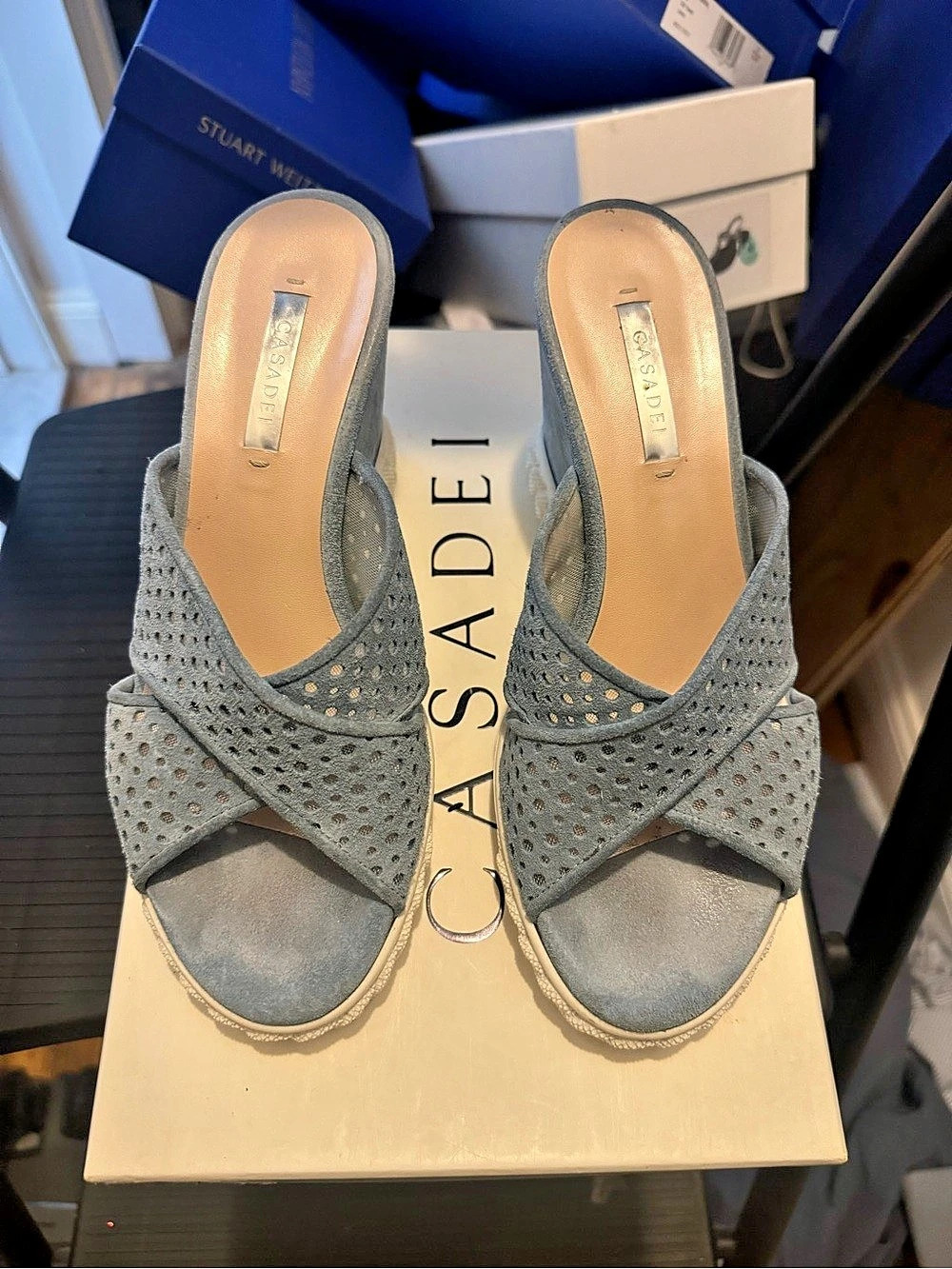 Casadei Gray Perforated Wedge Sandals EU 37.5